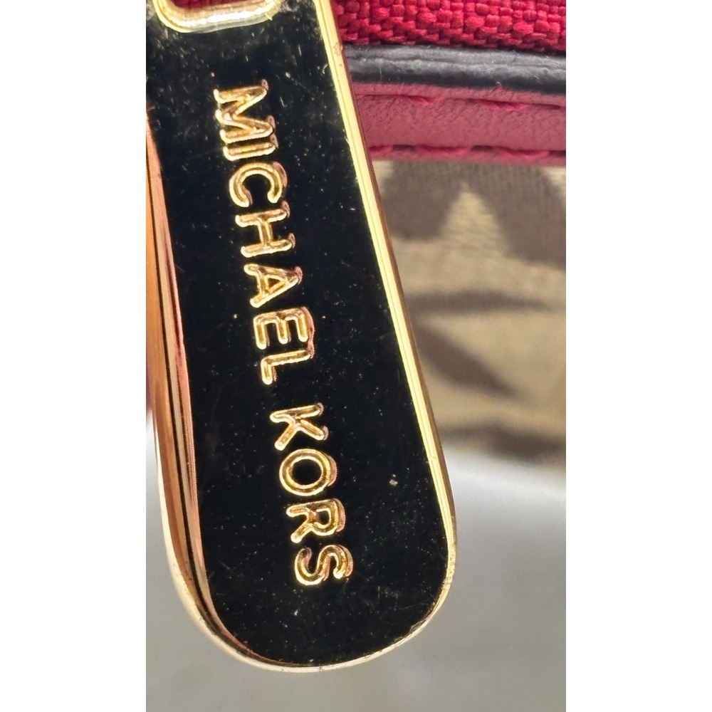 Michael Kors Jacquard Monagram Wristlet Mini Bag Red Leather Signature Lining - Picture 16 of 16